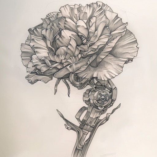Biomechanical carnation tattoo on white background