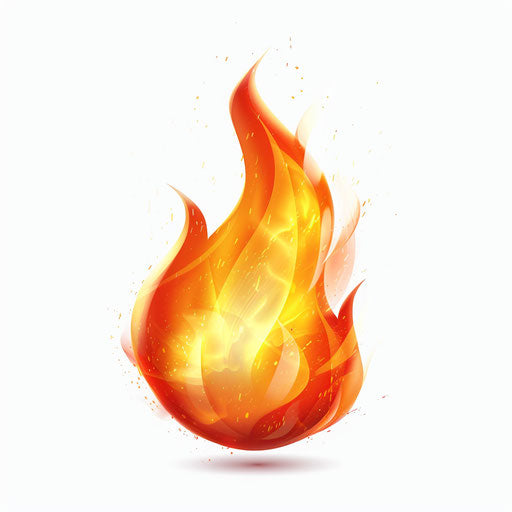Fire icon on white background, text and emoji installation style
