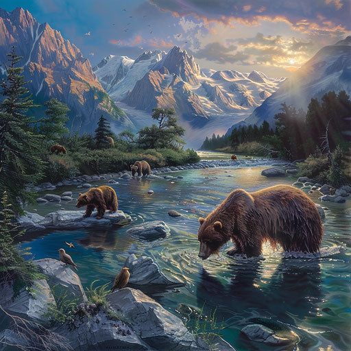 Bear fishers at dawn in a clear mountain river