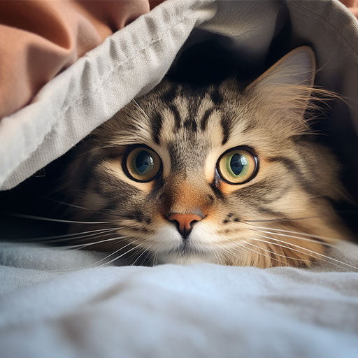 a Siberian cat under bed covers with head sticking out