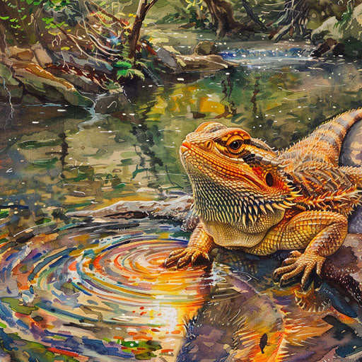 Bearded dragon resting by a gentle stream
