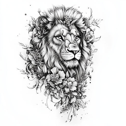 Lion tattoo sketch with intricate floral embellishments