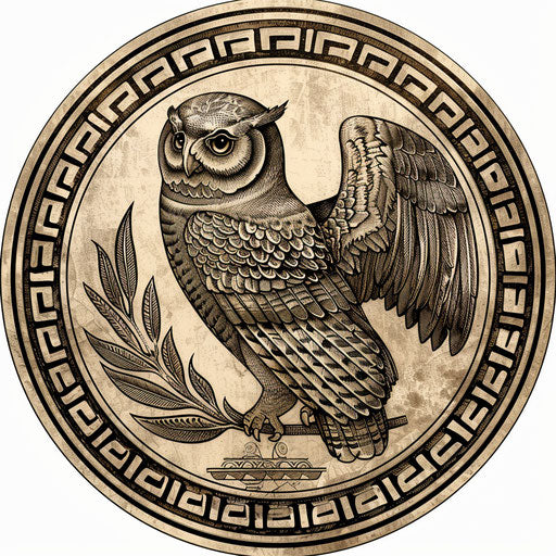 Ancient Greek coin owl of Athena tattoo design on white background