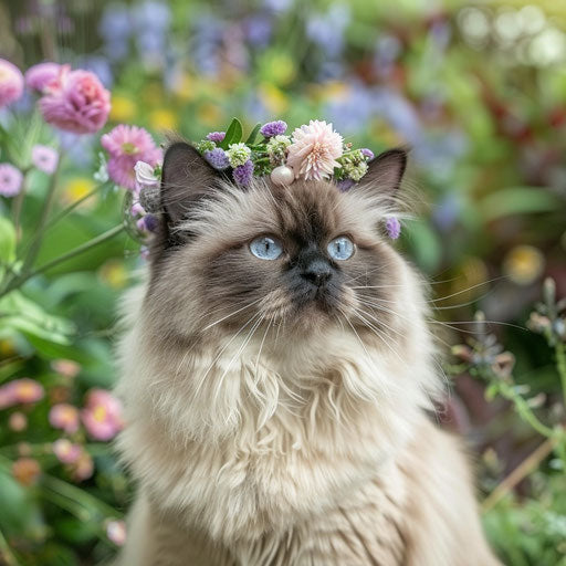 Himalayan cat with a flower crown in a whimsical garden