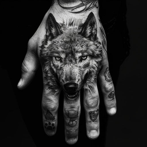Hand tattoos of a wolf, in the style of David Palumbo