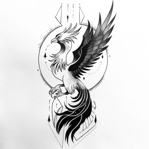 Bold black line art of a phoenix in a flat tattoo sketch for pride celebration