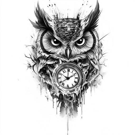 Owl neck tattoo with melting clock on white background