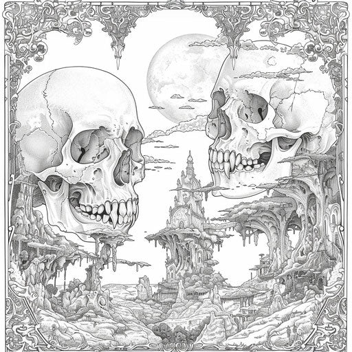 Surreal dreamscape with fantastical skulls