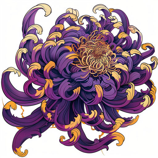 Graphic illustration of a Japanese chrysanthemum tattoo