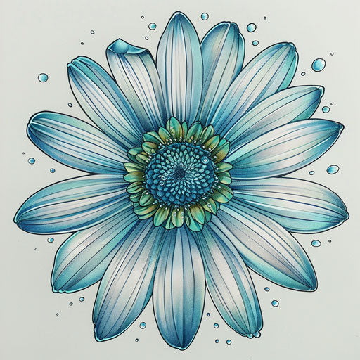 Intricate daisy tattoo sketch with dewdrops, clipart flat design in shades of blue and green
