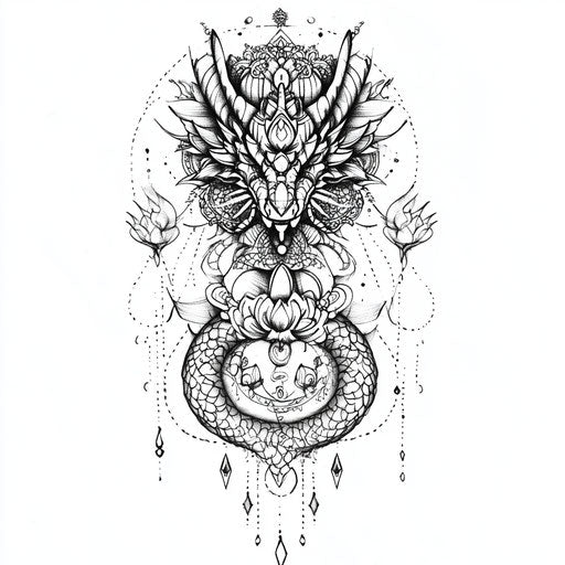 Flat tattoo sketch of dragon and mandala for women