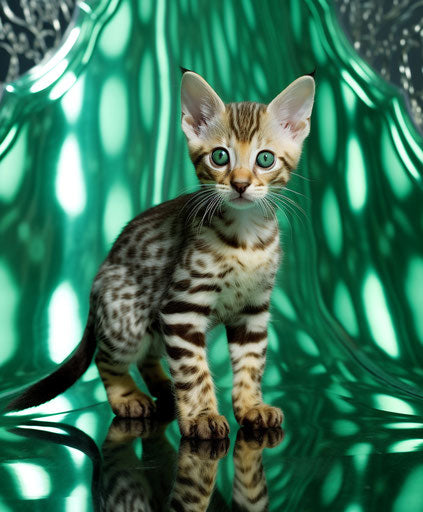 Bengal kitten standing on the carpet stairs