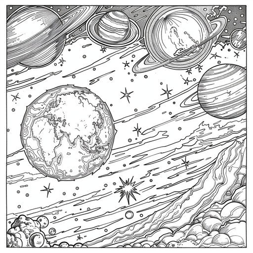 Planets surrounding the sun, detailed scene, coloring page