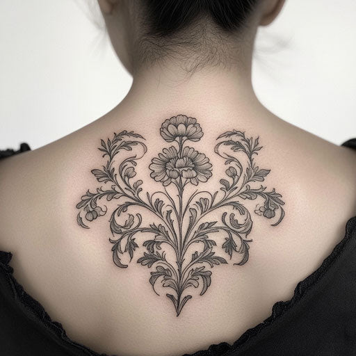 Black and grey tattoo with intricate floral patterns