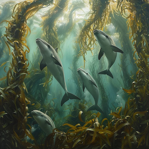 Vaquita porpoises swimming gracefully in underwater kelp forest