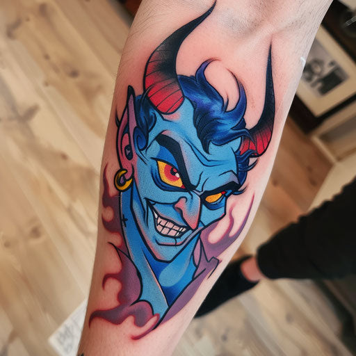 Colorful cartoon-style tattoo of mischievous Hades