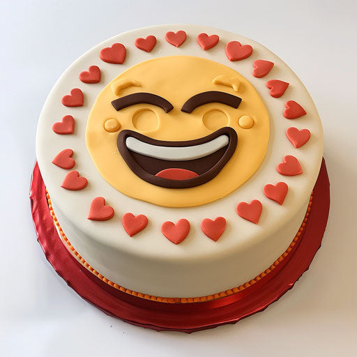 White cake with red border and laughing face emoji