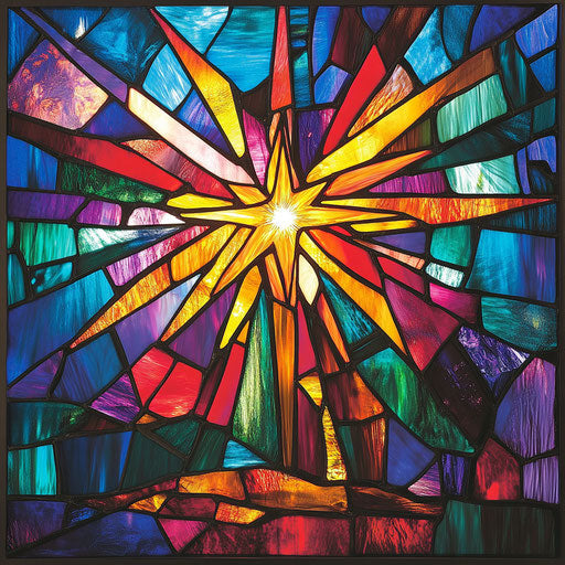 Colorful stained glass portrayal of the Nativity with bright star