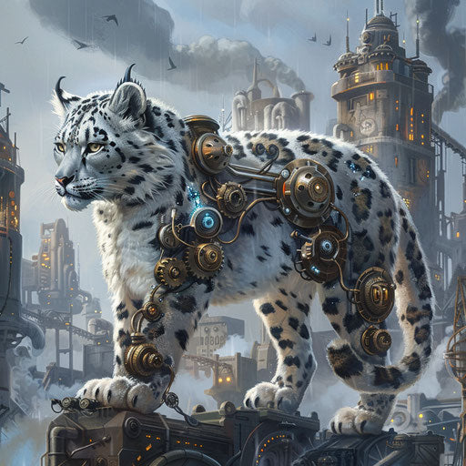 Steampunk snow leopard with mechanical elements