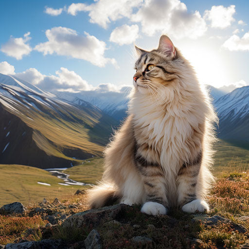 A Siberian cat in front of mountain scenery