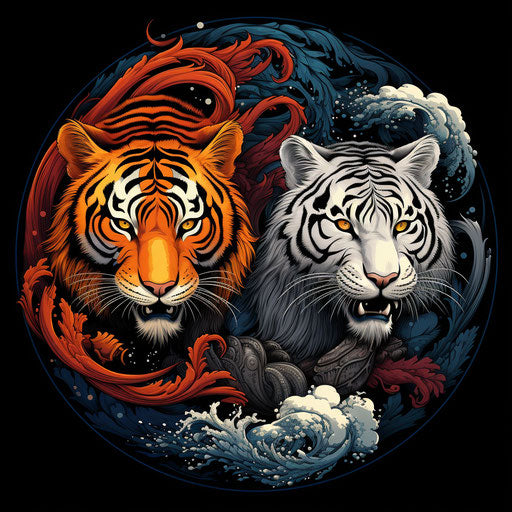 Two Chinese tigers and a dragon in contrasting colors