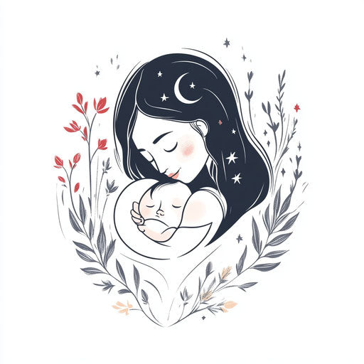 Mother tattoo with crescent moon and stars on white background