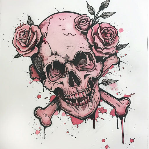 Flat tattoo sketch of a pink skull with crossbones and roses