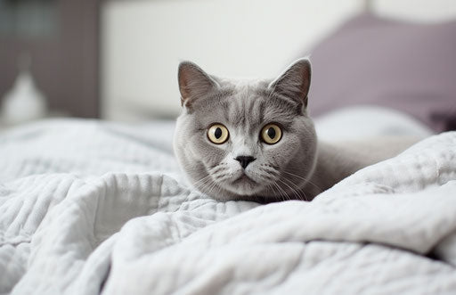 Grey cat on bed in living room, meme art, emotional gestures