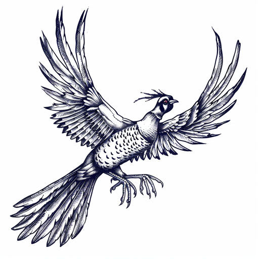 Elegant pheasant in flight, line art tattoo on white background