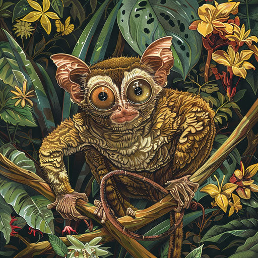 A tarsier exploring forest floor with exotic flowers and plants
