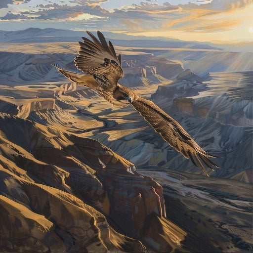 Glider bird above mountains at sunset