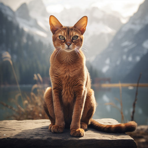 Abyssinian cat sitting in front of mountain scenery