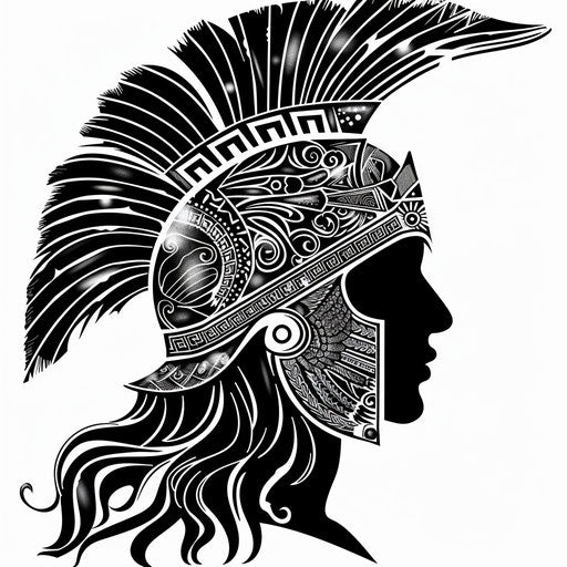 Athena tattoo in tribal style, bold black patterns and symbols associated with wisdom and war on white background.