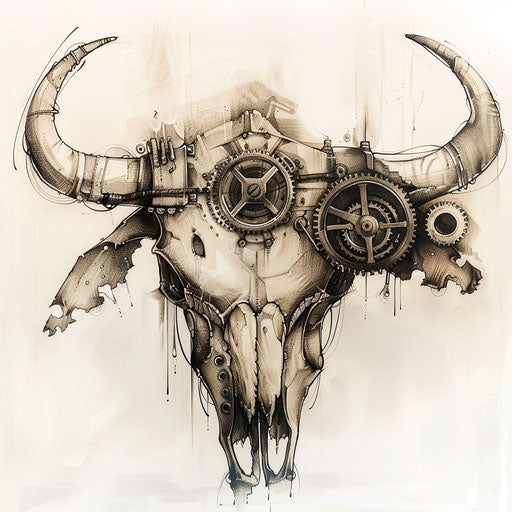 Biomechanical twist on bull skull tattoo
