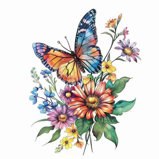 Butterfly with a bouquet of wildflowers, colorful and bright tattoo design, on a white backdrop.