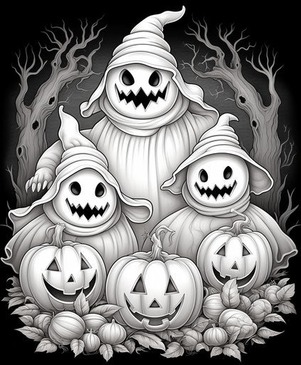 Halloween coloring page with ghosts and pumpkins