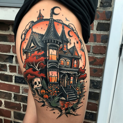 Hip tattoo of a haunted house