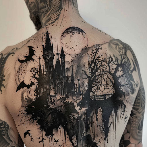 Dark and gothic-themed shoulder tattoos for men with creatures