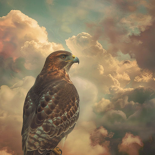 Red hawk in a surreal, dreamy sky, Simen Johan style