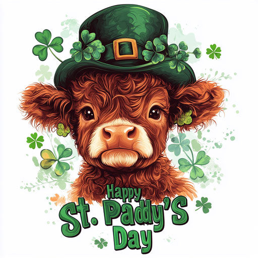 St. Paddy's Day design, baby Highland cow with green hat and shamrocks, 'Happy St. Paddy's Day' text on white background