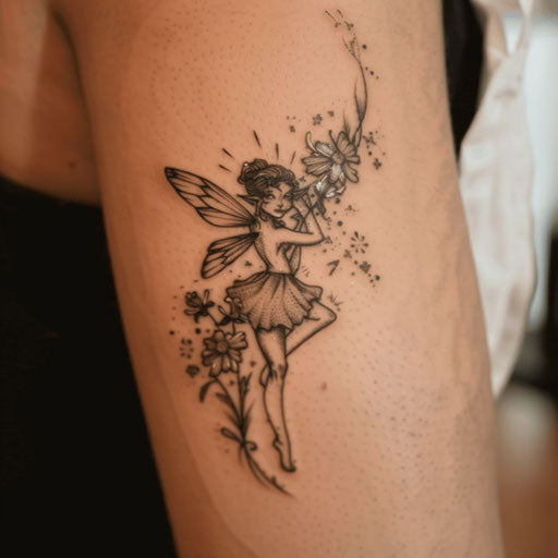 Whimsical flat tattoo sketch of a fairy with delicate wings and pixie dust