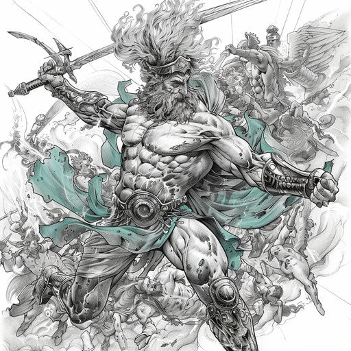 Zeus vs Titans, epic scene for fine line tattoo