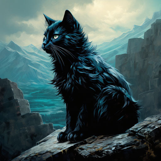 A cat in the mountains next to a rock