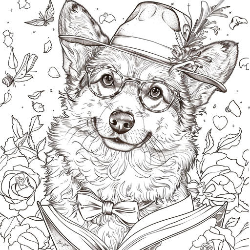 Whimsical corgi in hat and glasses, like a scholar