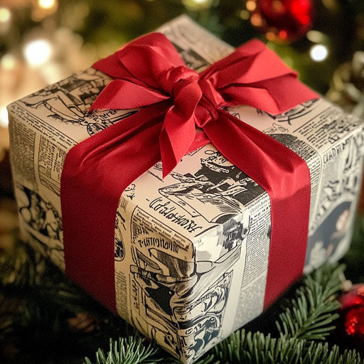A nostalgic Christmas gift, wrapped in newspaper comics and topped with a classic red bow