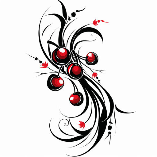Cherry tattoo in a tribal design with bold, black swirling lines and stylized cherry shapes, on a white background