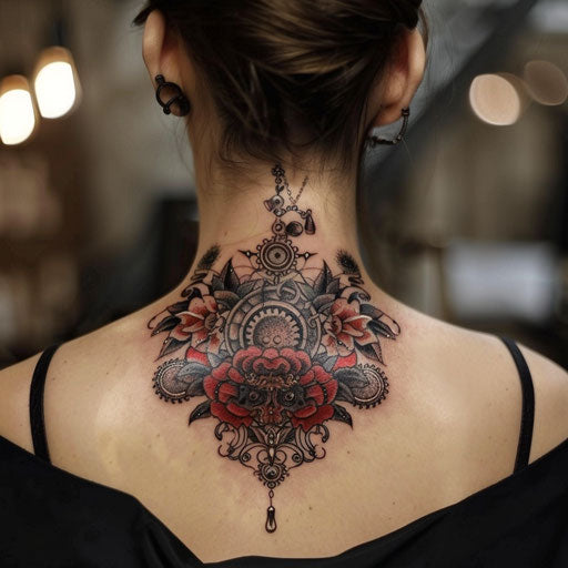 Neck tattoos for women in the style of Adrian Smith featuring steampunk elements