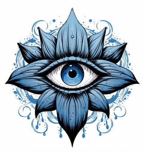 Lotus symbol eye on blue and white background, tattoo style