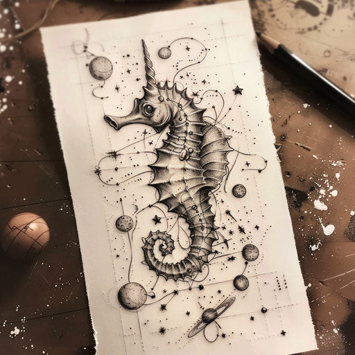 Sketch of cosmic seahorse tattoo with starry space elements and celestial bodies