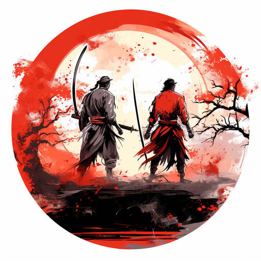 Two samurai in a Japanese garden